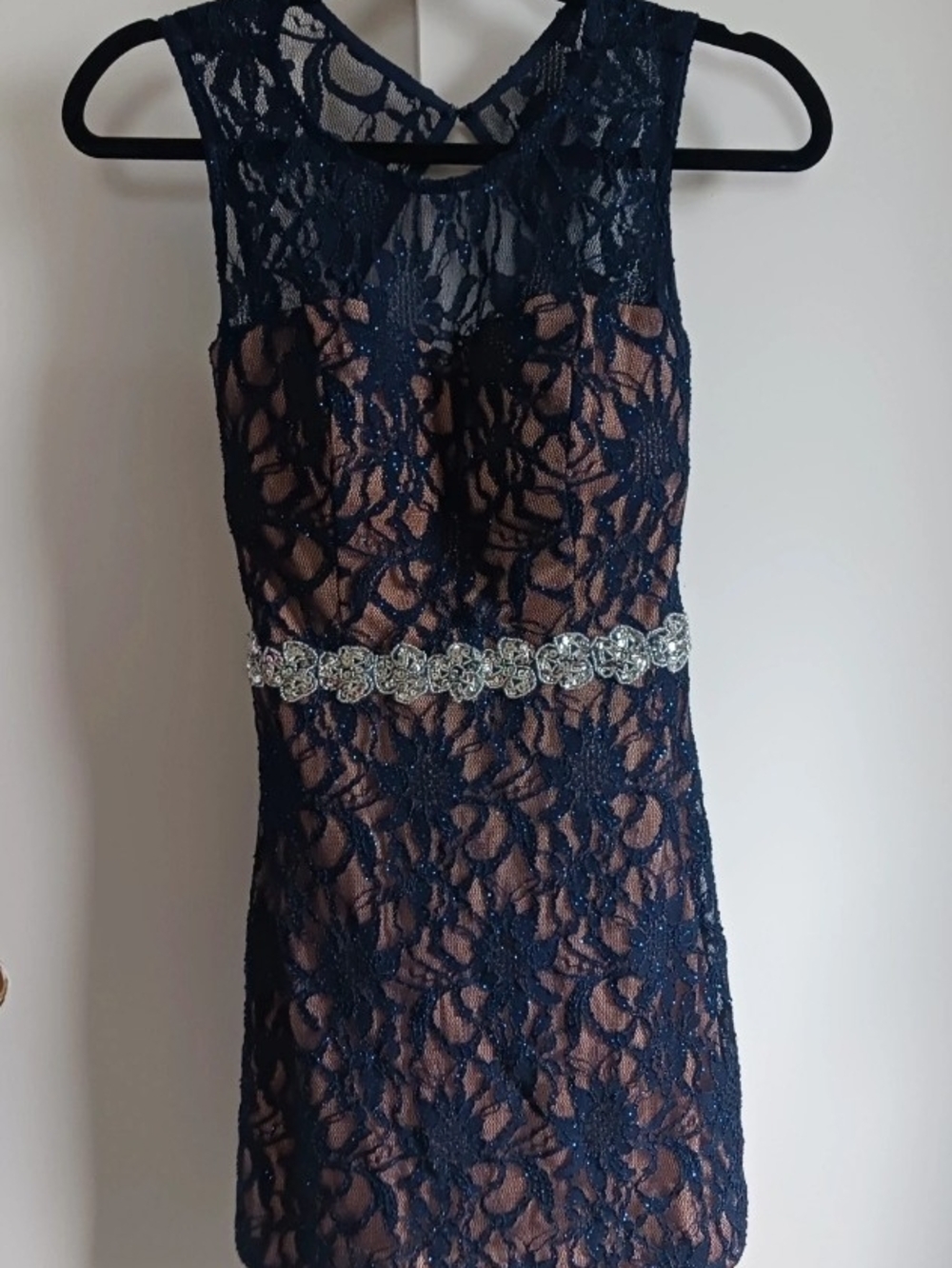 Deb Navy Lace Mini Dress with Rhinestone Waist